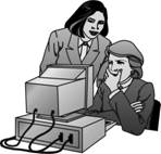 Zeichnung; Frau sitzt vor einem Computer, eine andere Frau steht hinter ihr und schaut ihr �ber die Schulter