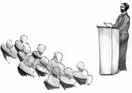 Zeichnung; Mann hält Vortrag vor Gruppe von Menschen